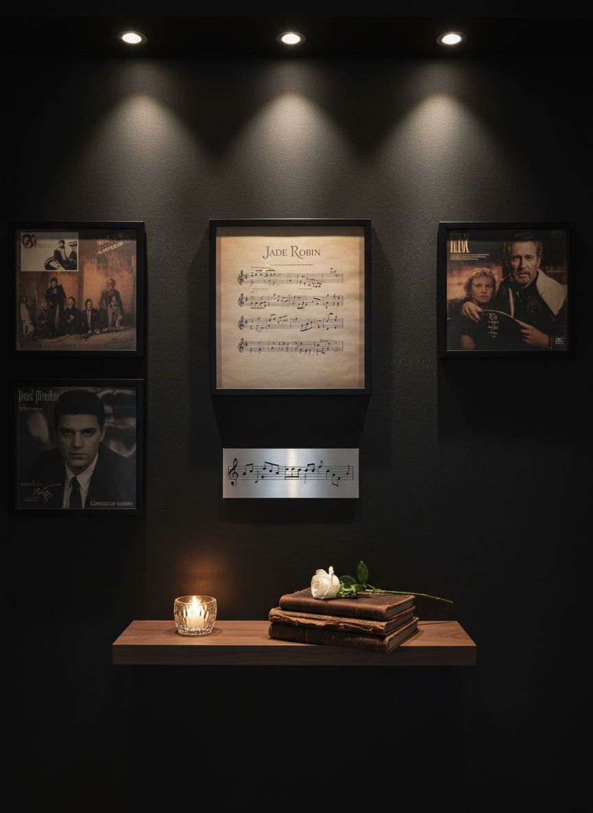 A carefully curated display of music memorabilia arranged on a matte black wall: framed vinyl records, a delicately framed song lyric sheet titled with Jade Robin’s name, and a sleek, minimalist plaque engraved with musical notes. Below, a floating walnut shelf holds a small crystal candle holder with a softly glowing white candle, a stack of worn music journals, and a single white rose laid across them. Subtle, warm spotlights from above cast gentle pools of light, creating refined shadows and a gallery-like atmosphere. Shot straight-on in photographic realism with a balanced, symmetrical composition and moderate depth of field, the mood is reverent, sophisticated, and intimate, ideal for a site section introducing her legacy.