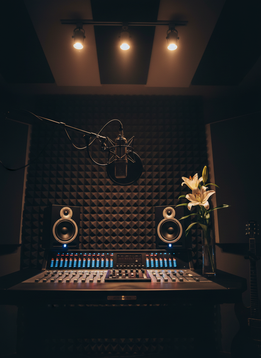 A dimly lit recording studio corner featuring a high-end condenser microphone within a black pop filter, suspended from a boom arm against a backdrop of deep charcoal acoustic foam panels. A pair of studio monitor speakers flank a minimalist mixing console, where colorful LED levels glow softly, frozen as if in mid-song. A single white lily in a slender glass vase sits on the console, its petals softly illuminated. Overhead, focused track lighting bathes the scene in a warm, intimate glow while the rest of the room fades into darkness. Photographic realism with a low, slightly angled composition and moderate depth of field creates a serene, respectful mood, ideal for showcasing Jade Robin’s recording environment and artistic craft.