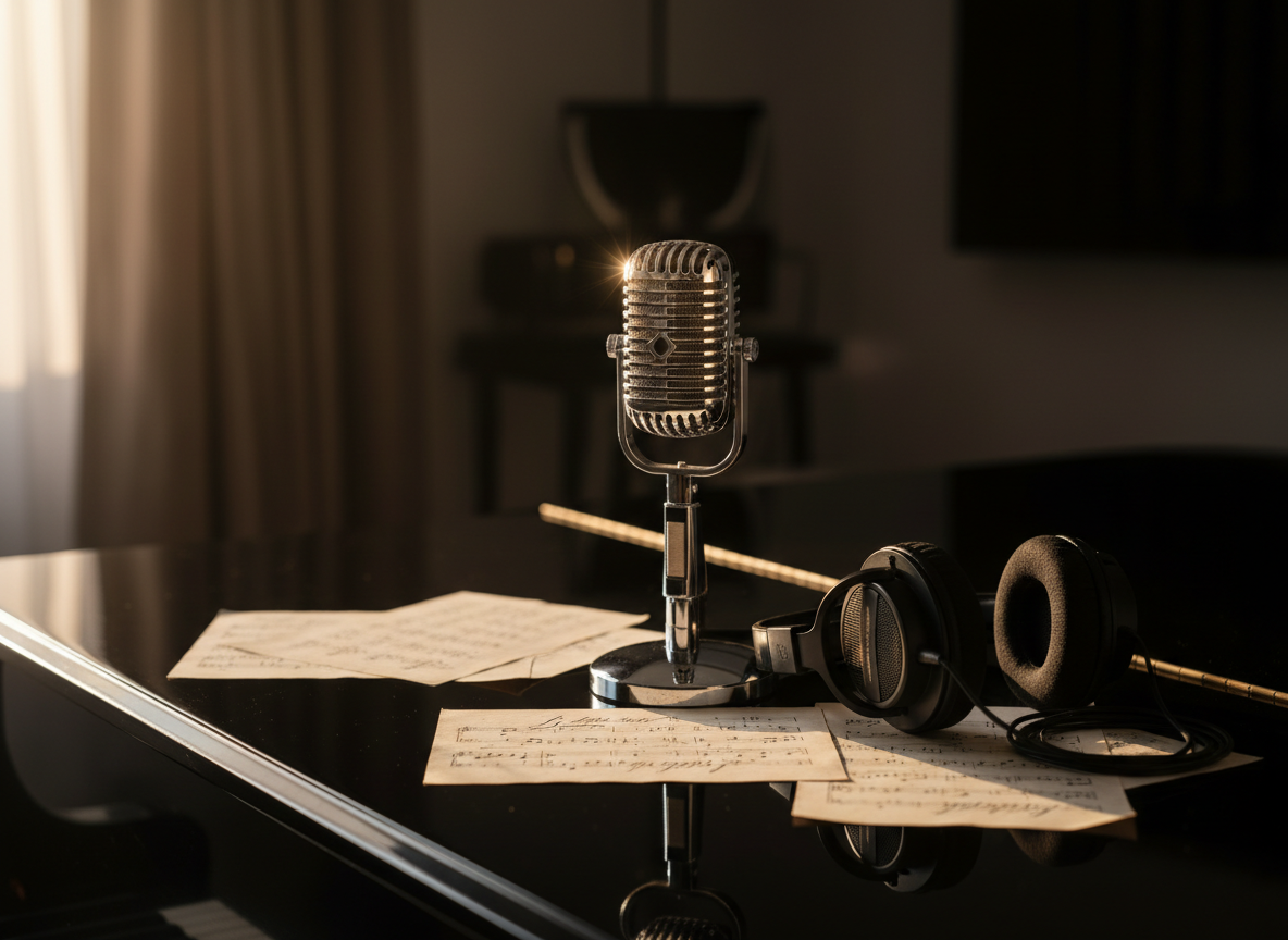 A single vintage-style silver microphone with a fine mesh grille and polished chrome body stands on a dark, glossy piano top, its reflection subtly visible in the surface. Around it lie scattered sheet music pages with the name “Jade Robin” handwritten in elegant script, and a pair of closed studio headphones resting gently nearby. Soft golden-hour sunlight filters through an unseen window, creating warm highlights along the microphone and gentle shadows across the piano. The background falls into a tasteful blur of rich, velvety darkness with hints of studio equipment. Photographic realism at eye level, using a shallow depth of field and a centered yet slightly off-axis composition, creates a sophisticated, contemplative mood suitable for a memorial homepage hero image.