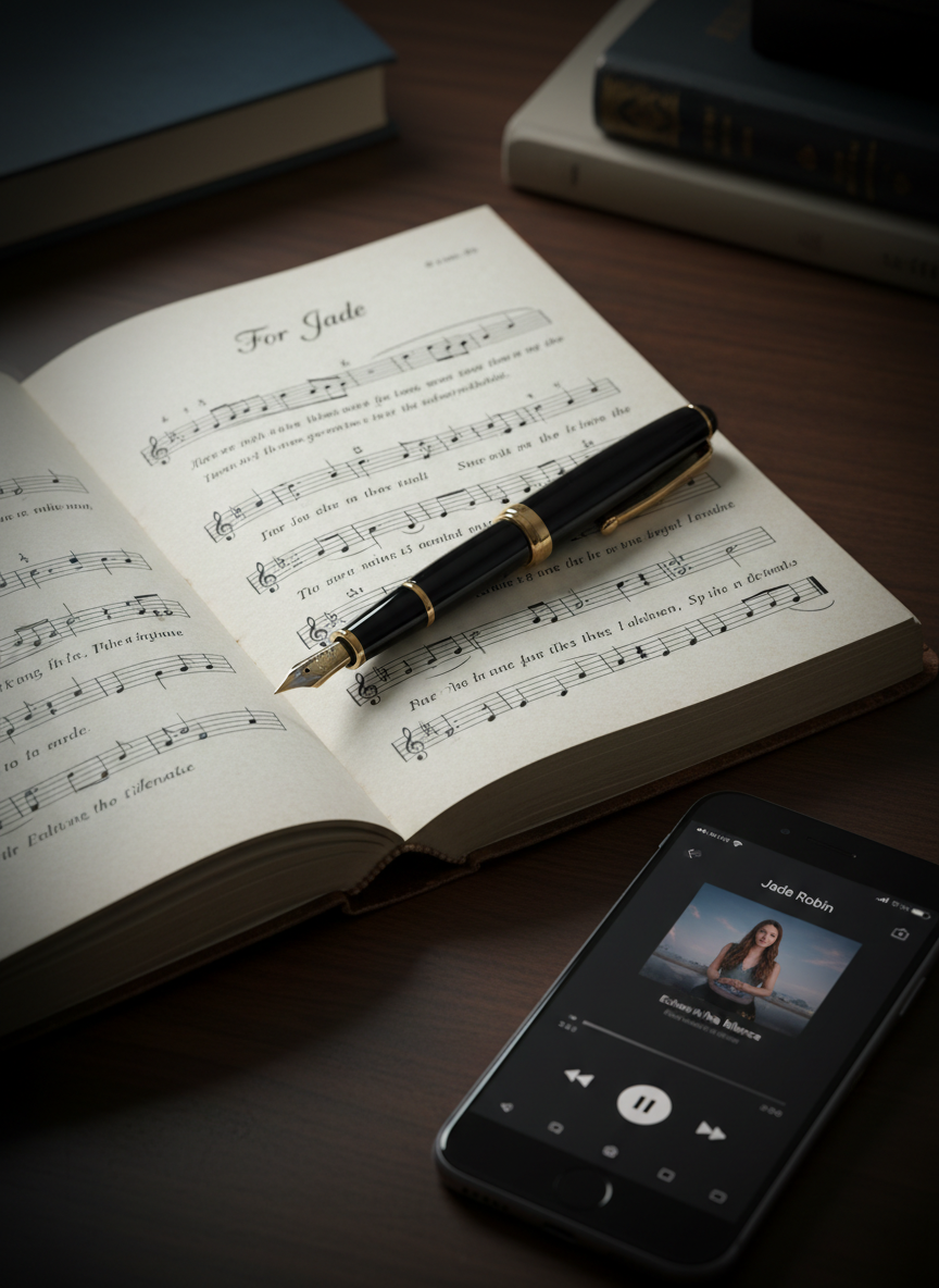 An open leather-bound journal lies on a dark wooden desk, its creamy pages filled with neatly handwritten song lyrics and tiny sketched musical notes, with “For Jade” written delicately at the top of one page. A fountain pen with a black lacquer body and gold nib rests diagonally across the book. Beside it, a sleek smartphone displays a paused music player screen with Jade Robin’s name and track title visible. Soft, cool-toned studio lighting from the left creates subtle highlights on the pen and screen, while a gentle vignette keeps the focus central. Photographic realism, captured from a slightly elevated angle with shallow depth of field, evokes introspection and remembrance, suitable for a page dedicated to her life story and songwriting process.